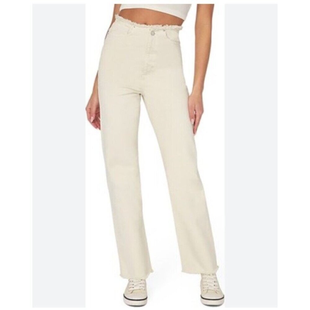WeWoreWhat Frayed High Rise Straight Leg Pants Size 24 Ivory Cream